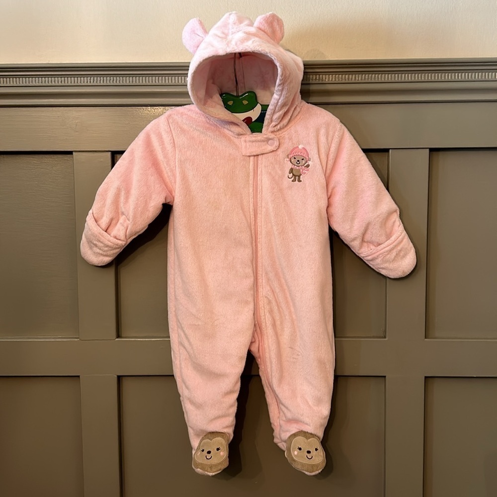 Carter's Just One You Monkey Snow Suit Baby Pink Velour Hood Mittens Sz 6 Months